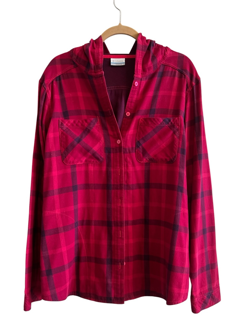 100% Cotton Columbia Red Plaid Hooded Button-Up Shirt